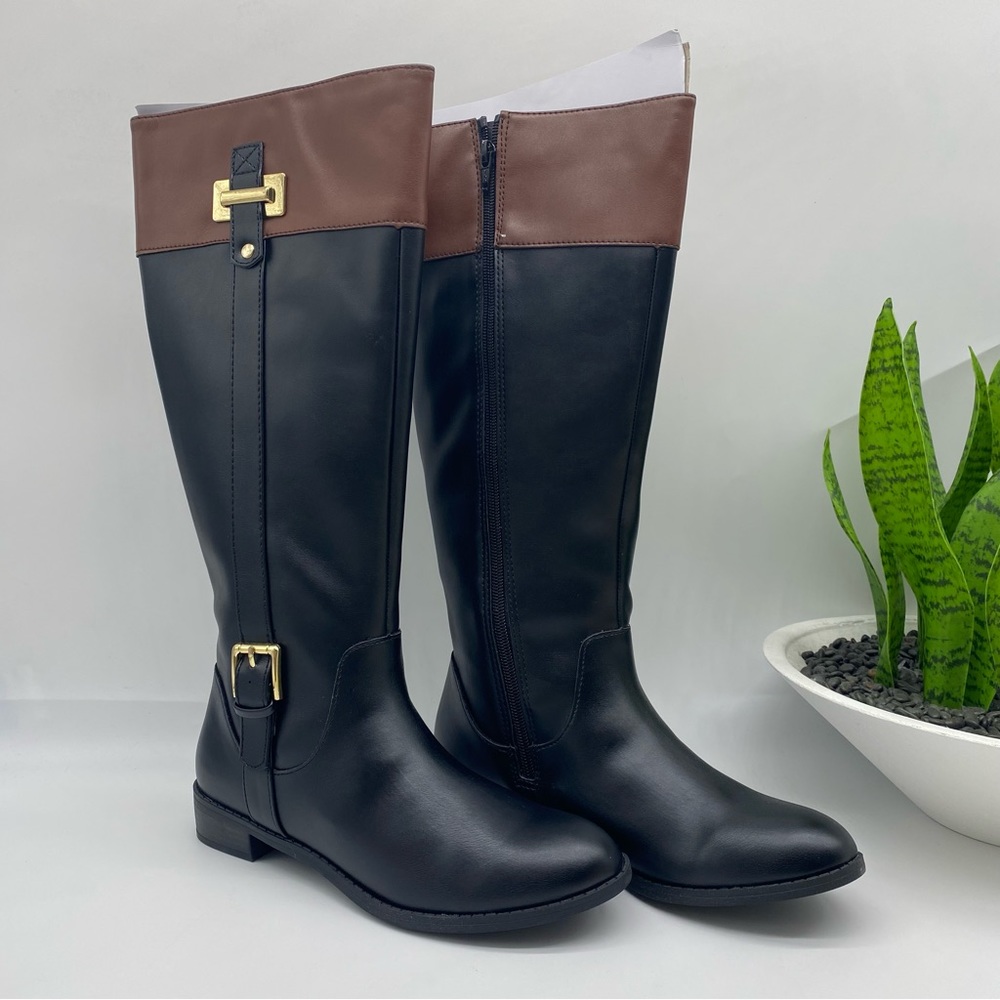 KAREN SCOTT Deliee2 Riding Boots in black and cognac faux leather size 6.5M NEW